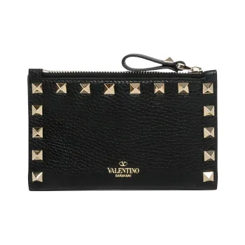 Valentino ROCKSTUDGARAVANI Grained Leather Wallet Women's Black