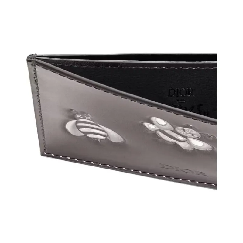 DIOR KAWS Collaboration Calfskin Card Holder Men's Silver-3