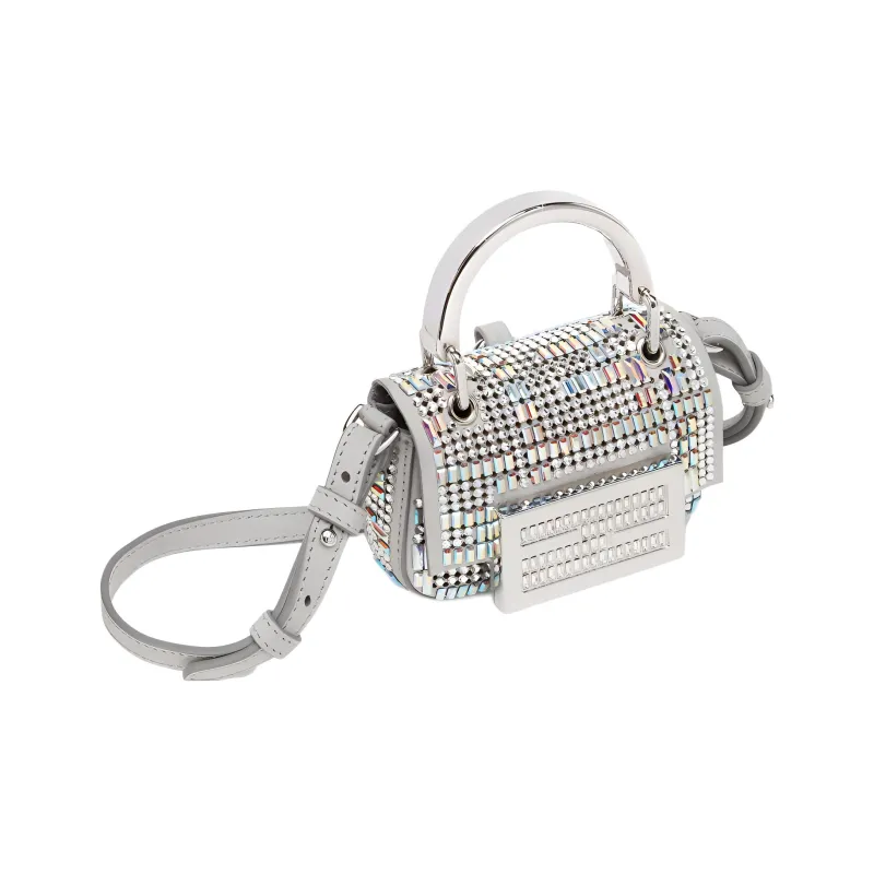 FENDI Baguette Calfskin With Crystal Shoulder Bag Crossbody Bag Handbag Extra Mini Women's Gray-1