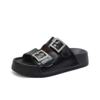 JOSINY Metal Rhinestone Slip Resistant Abrasion Resistant Quick Dry Cushioning Slide Slippers Women's Black