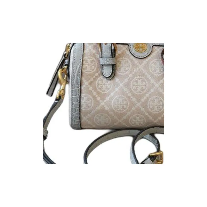 TORY BURCH T Monogram Leather Boston Bag, Shoulder Bag, Crossbody Bag, Handbag Mini Women's Mist Gray-3