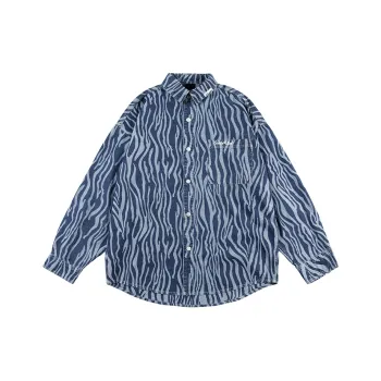 LOMBT Brand Logo All Over Print Heavy Washed Denim Shirt Spring And Autumn Unisex Blue