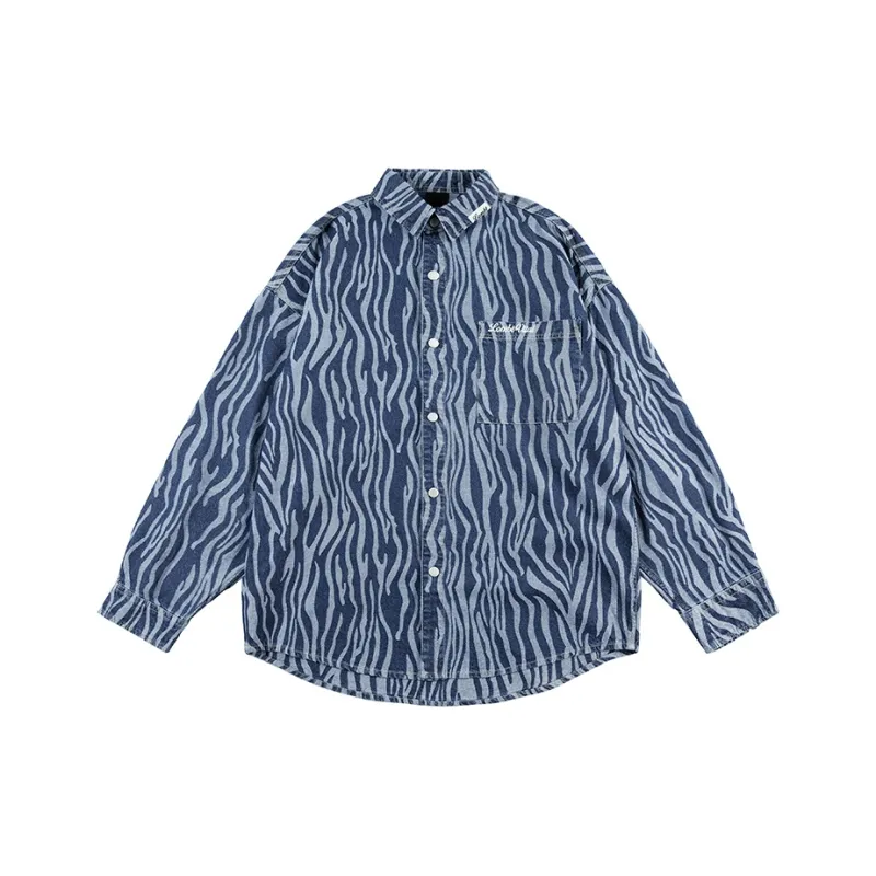 LOMBT Brand Logo All Over Print Heavy Washed Denim Shirt Spring And Autumn Unisex Blue-0