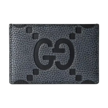 GUCCI Grained Leather Card Holder Large Size Men's Dark Gray & Black