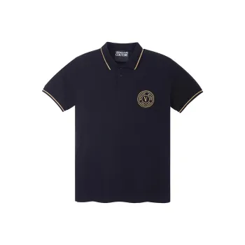 VERSACE JEANS COUTURE SS23 Men Letter Logo Printed Striped Trim Short Sleeve Polo Shirt Black