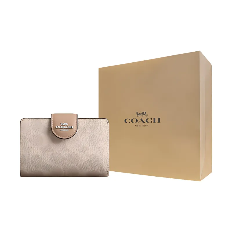 COACH SignatureCanvas High quality Leather Wallet Medium Size Women's Sand-3