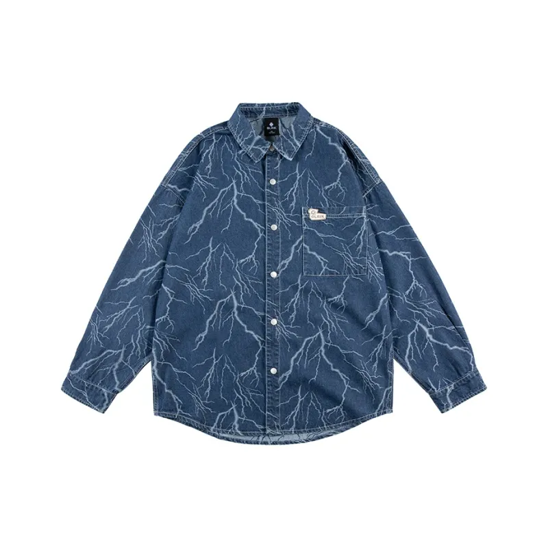OLRIK All Over Print Heavy Washed Denim Shirt Spring And Autumn Unisex Blue-0
