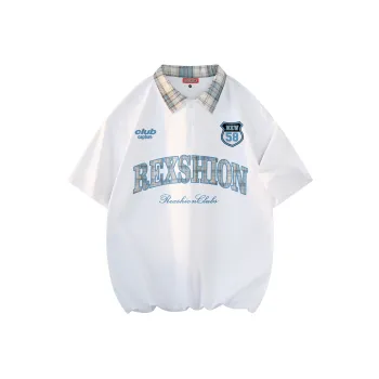 REXSHION Polo Shirt Unisex White Blue Plaid