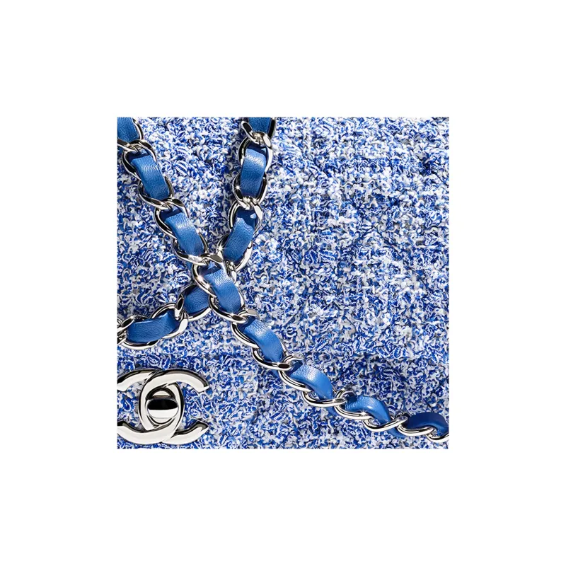 CHANEL Classic Flap CF Twill Soft Woolen & Metal Crossbody Bag, Shoulder Bag Mini Women's Blue & White-3