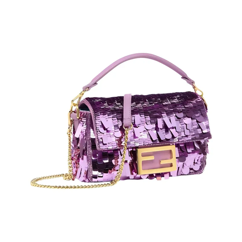 FENDI Baguette Fabric Cow Leather Patchwork Handbag Crossbody Bag Shoulder Bag Mini Women's Purple-2