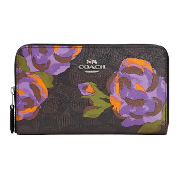 COACH Id Zip Wallet Canvas With Leather Clutches Wallets Medium Size Women's Brown Black