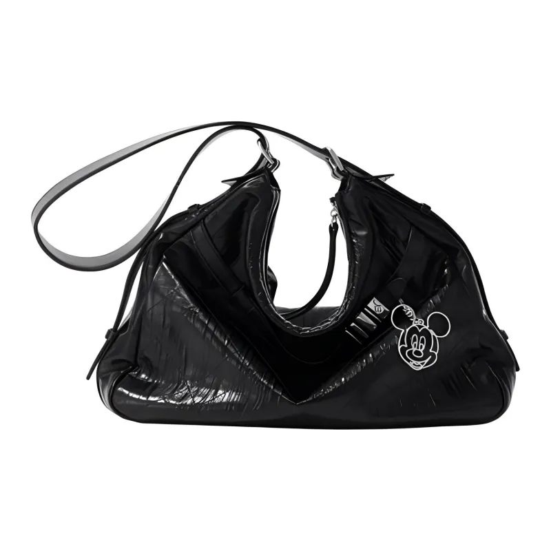 FION Disney Collaboration Cow Leather One Shoulder Handbags Medium Size Women's Black-4