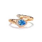 Waterdrop Snake Ring Ice Flower Cut Champagne Gold Ring-Blue