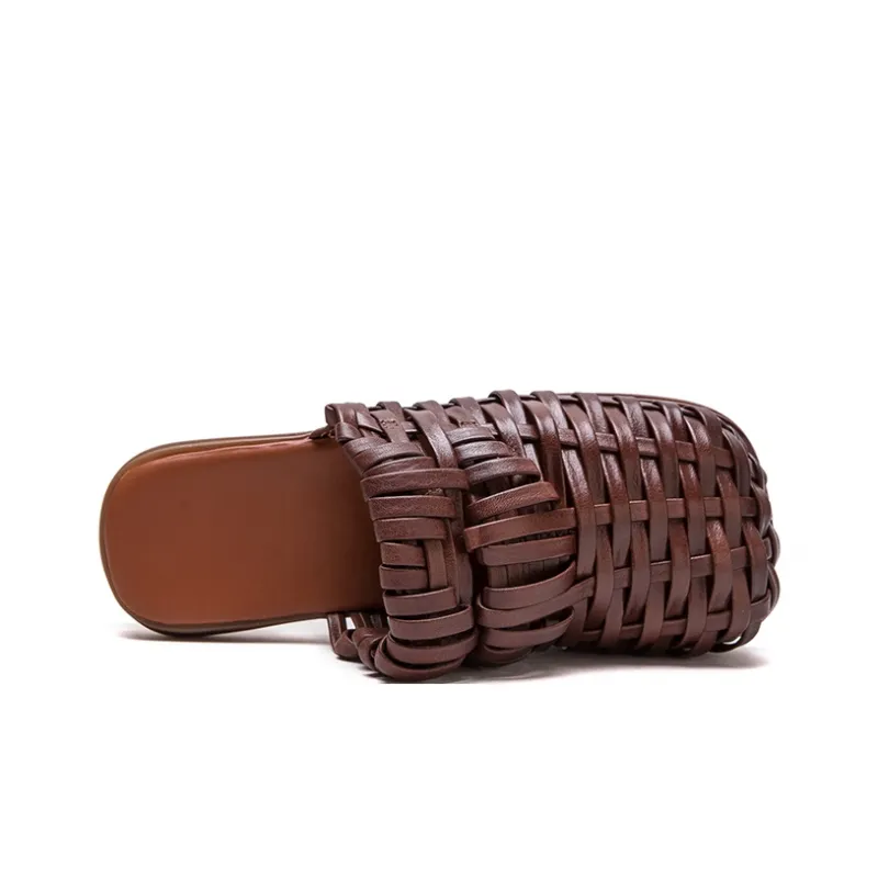 PLO CART Rubber Sole Stitching Leather Patchwork Cut Out Woven Wrap toe Slippers Women's-7