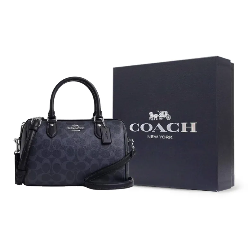 COACH Rowan Coated Canvas With Leather Shoulder Bag, Crossbody Bag, Handbag Medium Size Women's Midnight Marine Blue-8
