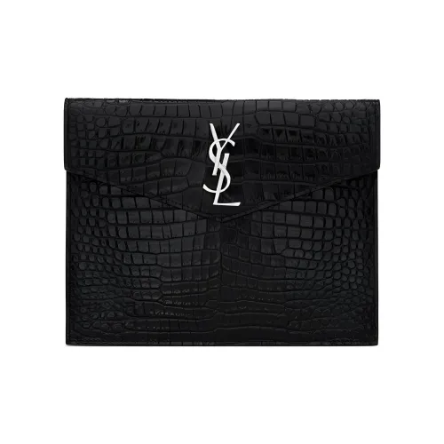 SAINT LAURENT UPTOWN Crocodile Pattern Leather Clutch Women's Black