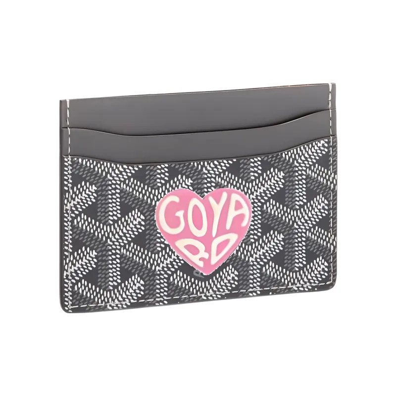 GOYARD Canvas With Calfskin Card Clip Card Holder Unisex Gray/Pink Small Heart-0