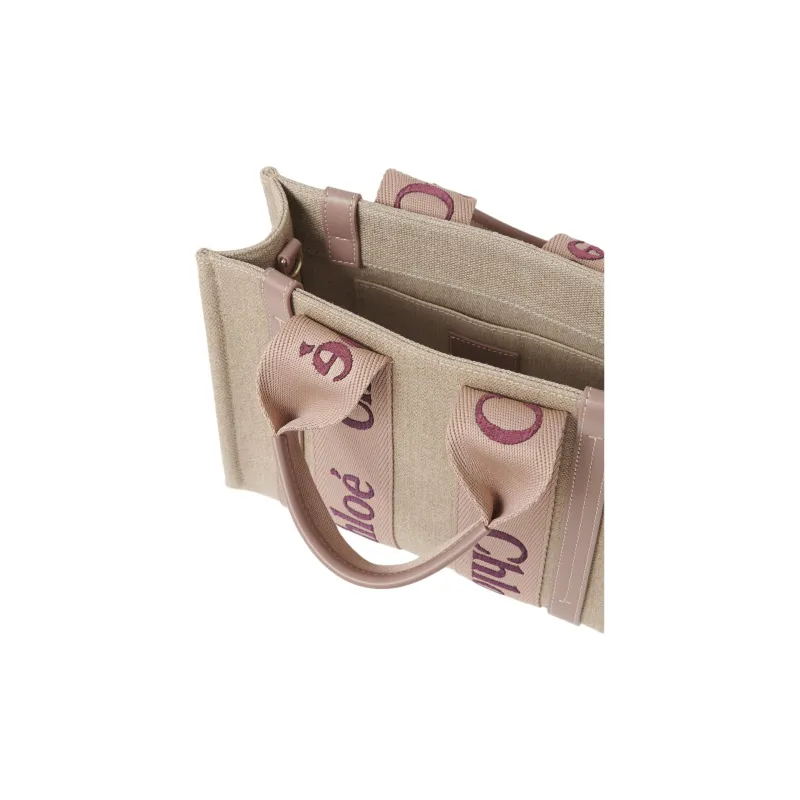 Chloe Woody Linen One Shoulder Handbag Small Size Women's Tan & Rose-3