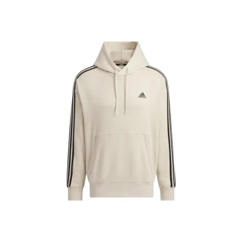 Adidas Clothing Loose Fit Three Stripes French Terry Pullover Parka Sweatshirt Men's Beige