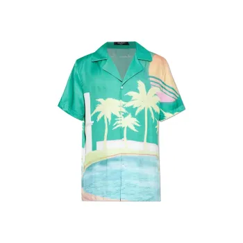 BALMAIN Palm Printed Short Sleeve Twill Shirt