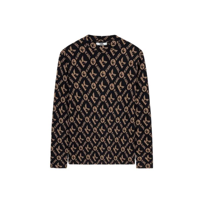 KARL LAGERFELD Logo Letter Print Crew Neck Long Sleeved T Shirt T Shirt Men's Coffee-0