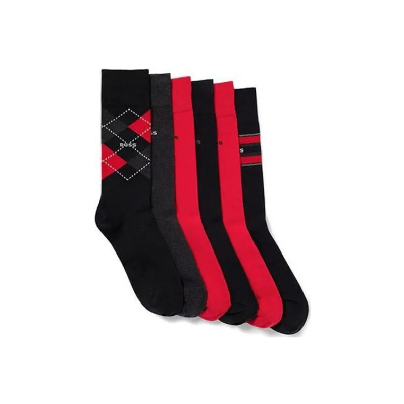 HUGO BOSS SS23 Knee-High Socks Men's 6 Pack Black+Deep Red+Red+Red+Black+Black-4