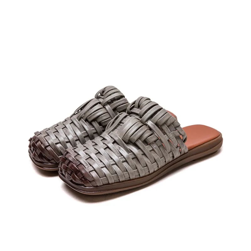 PLO CART Rubber Sole Stitching Leather Patchwork Cut Out Woven Wrap toe Slippers Women's-1