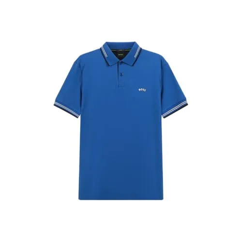 HUGO BOSS SS23 Men's Curved Logo Short Sleeve Polo Shirt Blue