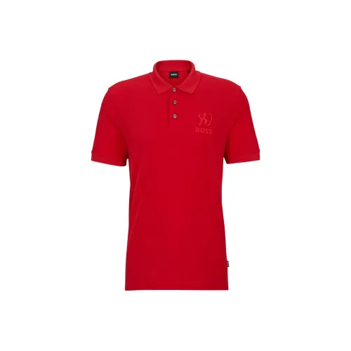 HUGO BOSS Mercerized-Cotton Shirt With Special Artwork Polo Shirt Men's Red