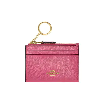 COACH Skinny Id Case Cross Grain Leather Key Ring Card Slot Coin Purse Card Holder Mini Women's Strawberry Red