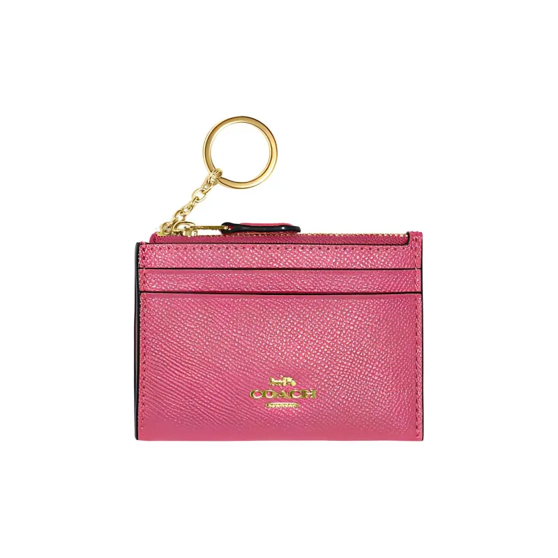 COACH Skinny Id Case Cross Grain Leather Key Ring Card Slot Coin Purse Card Holder Mini Women's Strawberry Red-0