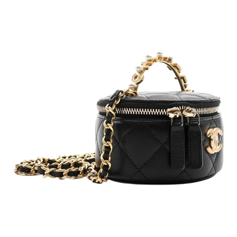 CHANEL Lambskin One Shoulder Crossbody Portable Makeup Bag Mini Women's Black-1