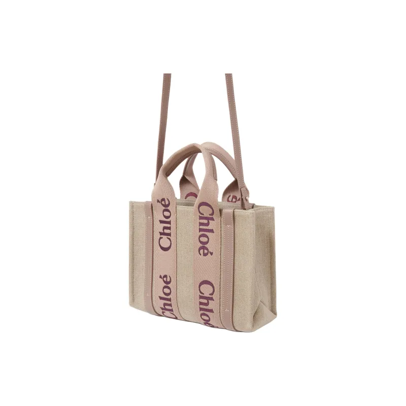 Chloe Woody Linen One Shoulder Handbag Small Size Women's Tan & Rose-2