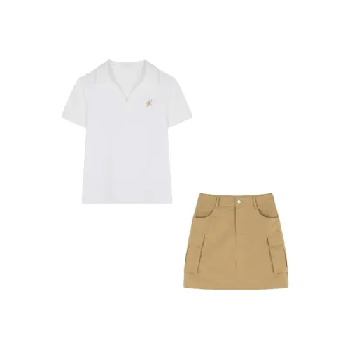 Mo Han Yi Mei Skirt Set Women's White Plus Khaki