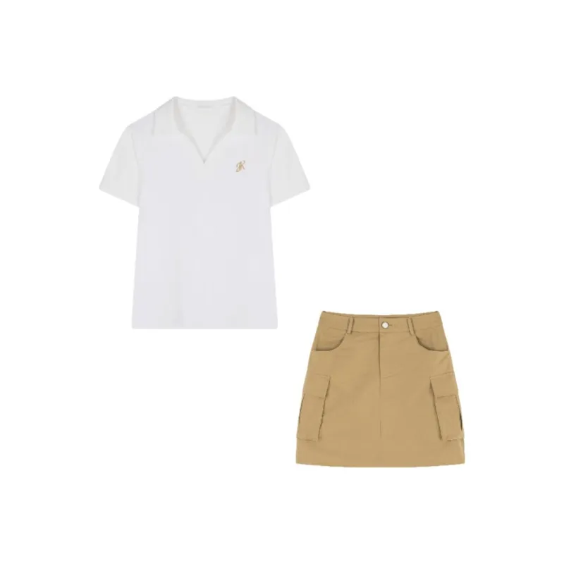 Mo Han Yi Mei Skirt Set Women's White Plus Khaki-0