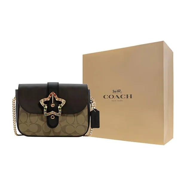 COACH Gemma Coated Canvas With Cross Grain Leather Crossbody Bag, Shoulder Bag Small Size Women's Brown-3