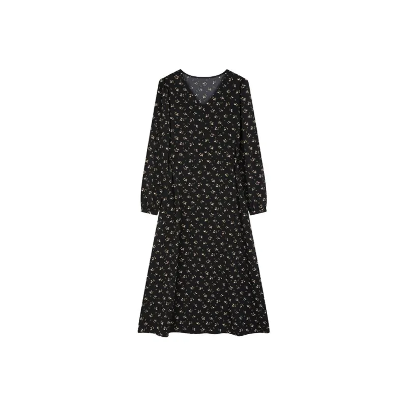 Mo Han Yi Mei Long Sleeved Dresses Women's Black With Floral-0