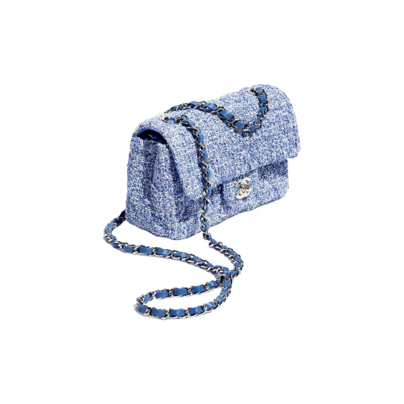 CHANEL Classic Flap CF Twill Soft Woolen & Metal Crossbody Bag, Shoulder Bag Mini Women's Blue & White-1