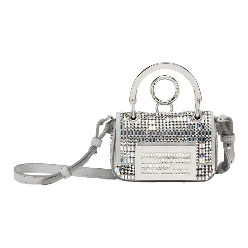 FENDI Baguette Calfskin With Crystal Shoulder Bag Crossbody Bag Handbag Extra Mini Women's Gray-0