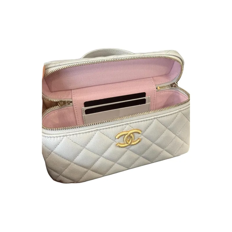 CHANEL Shiny Grain Calfskin Shoulder Bag, Crossbody Bag, Handbag Small Size Women's White-1
