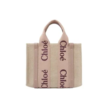Chloe Woody Linen One Shoulder Handbag Small Size Women's Tan & Rose