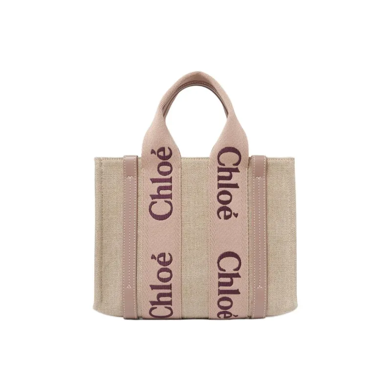 Chloe Woody Linen One Shoulder Handbag Small Size Women's Tan & Rose-0