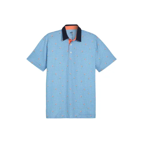 PUMA PIQUE GINGHAM Polo Shirt Men's Light Blue