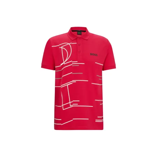 HUGO BOSS Stretch-Cotton With Light-Sensitive Geometric Artwork Polo Shirt Men's Red
