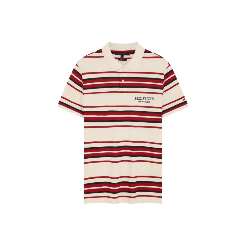 Tommy Hilfiger Polo Shirt Men's Red Black Beige Stripes-0