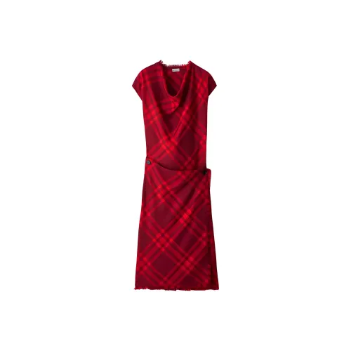 Burberry Check Wool Dress Short-Sleeved Dresses Women's Red
