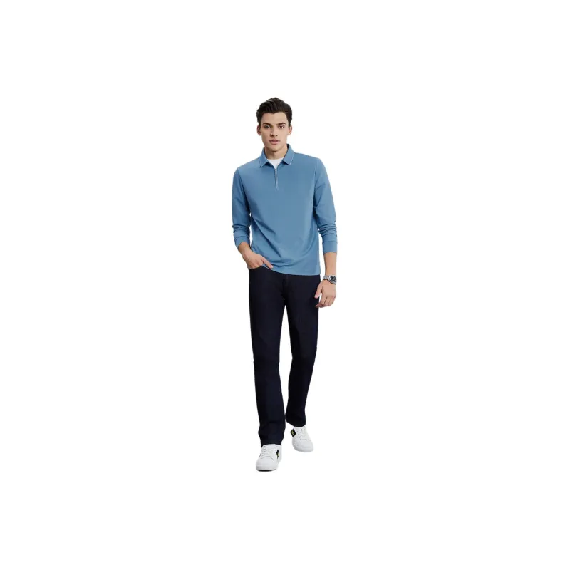 Red Bean Long Sleeved Polo Shirt T Shirt Men's-1