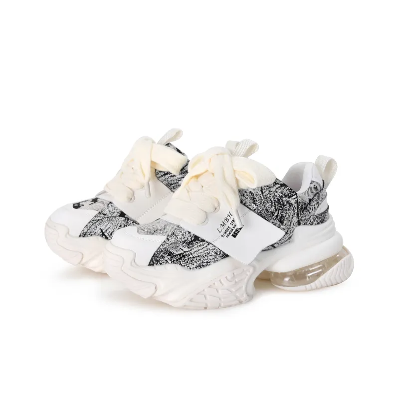 FAICCIA Embossed Air Cushion Shoe Low Top Chunky Sneakers Women's Yellow-17
