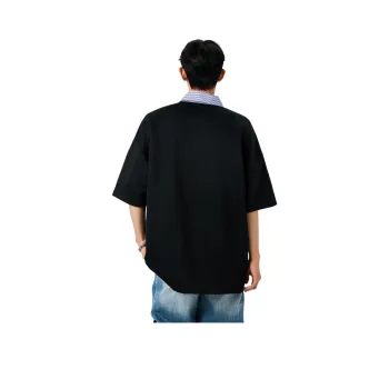 BLANC & ECLARE Comfortable Youth Trendy Polo Mock Two Piece V Neck Design Versatile Plaid T Shirt Unisex