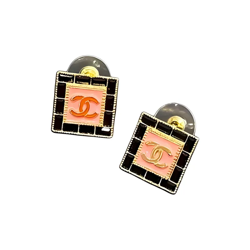 CHANEL Alloy Silver Plated Artificial Gemstone Gold Plated Earrings Women's Pink/Black-4